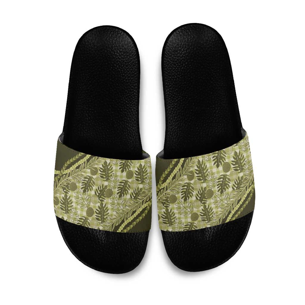 Hawaii Breadfruit Palaka Slide Sandals Omaomao Maile Lei - Polynesian Pride