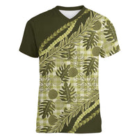 Hawaii Breadfruit Palaka Women V-Neck T-Shirt Omaomao Maile Lei - Polynesian Pride