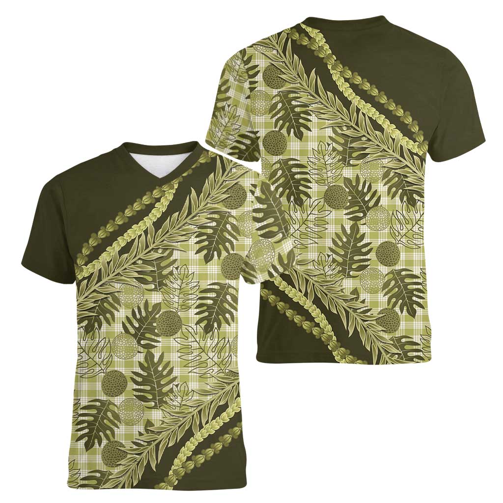 Hawaii Breadfruit Palaka Women V-Neck T-Shirt Omaomao Maile Lei - Polynesian Pride