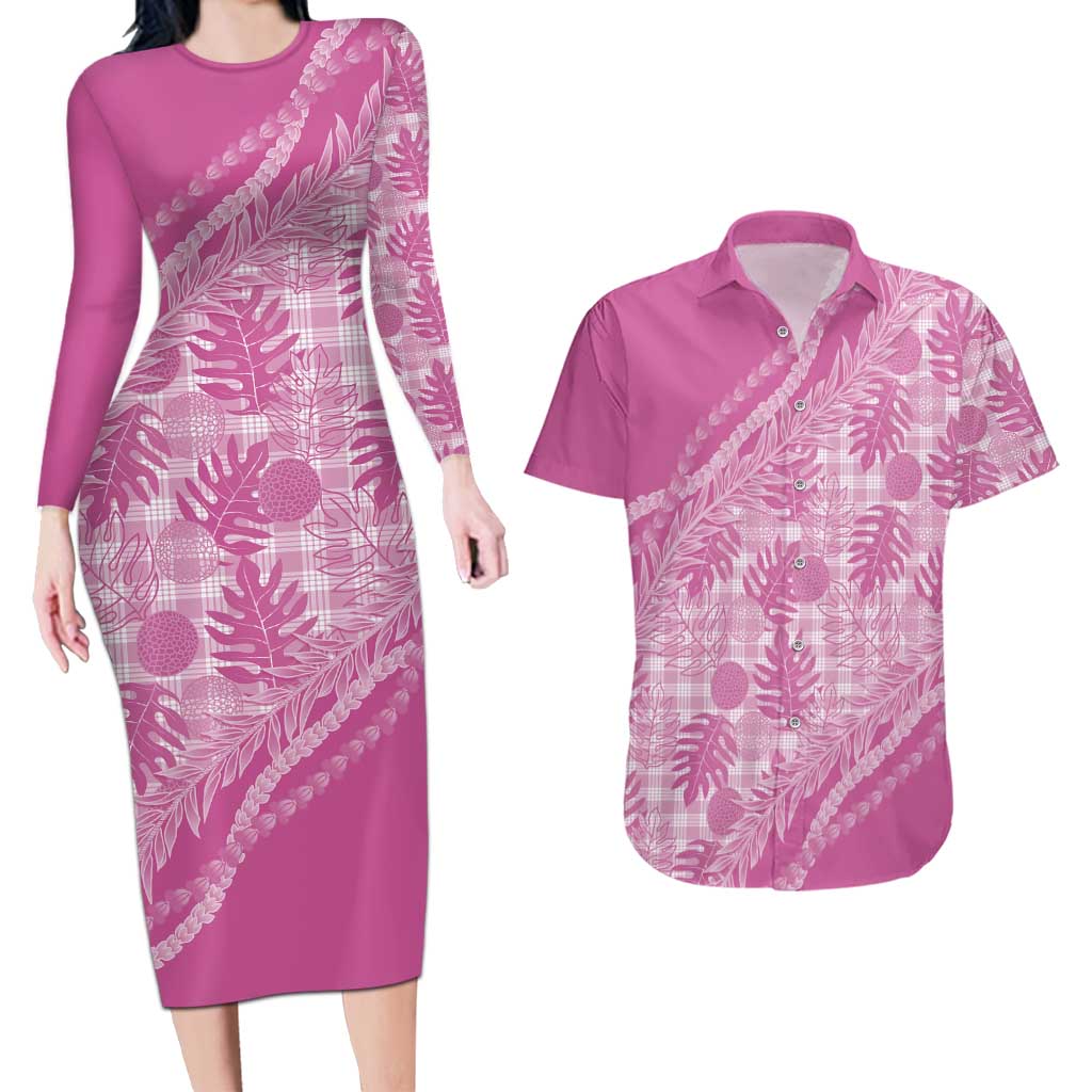 Hawaii Breadfruit Palaka Couples Matching Long Sleeve Bodycon Dress and Hawaiian Shirt Omaomao Ulaula Maile Lei LT9 Pink - Polynesian Pride