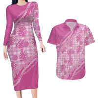 Hawaii Breadfruit Palaka Couples Matching Long Sleeve Bodycon Dress and Hawaiian Shirt Omaomao Ulaula Maile Lei LT9 Pink - Polynesian Pride