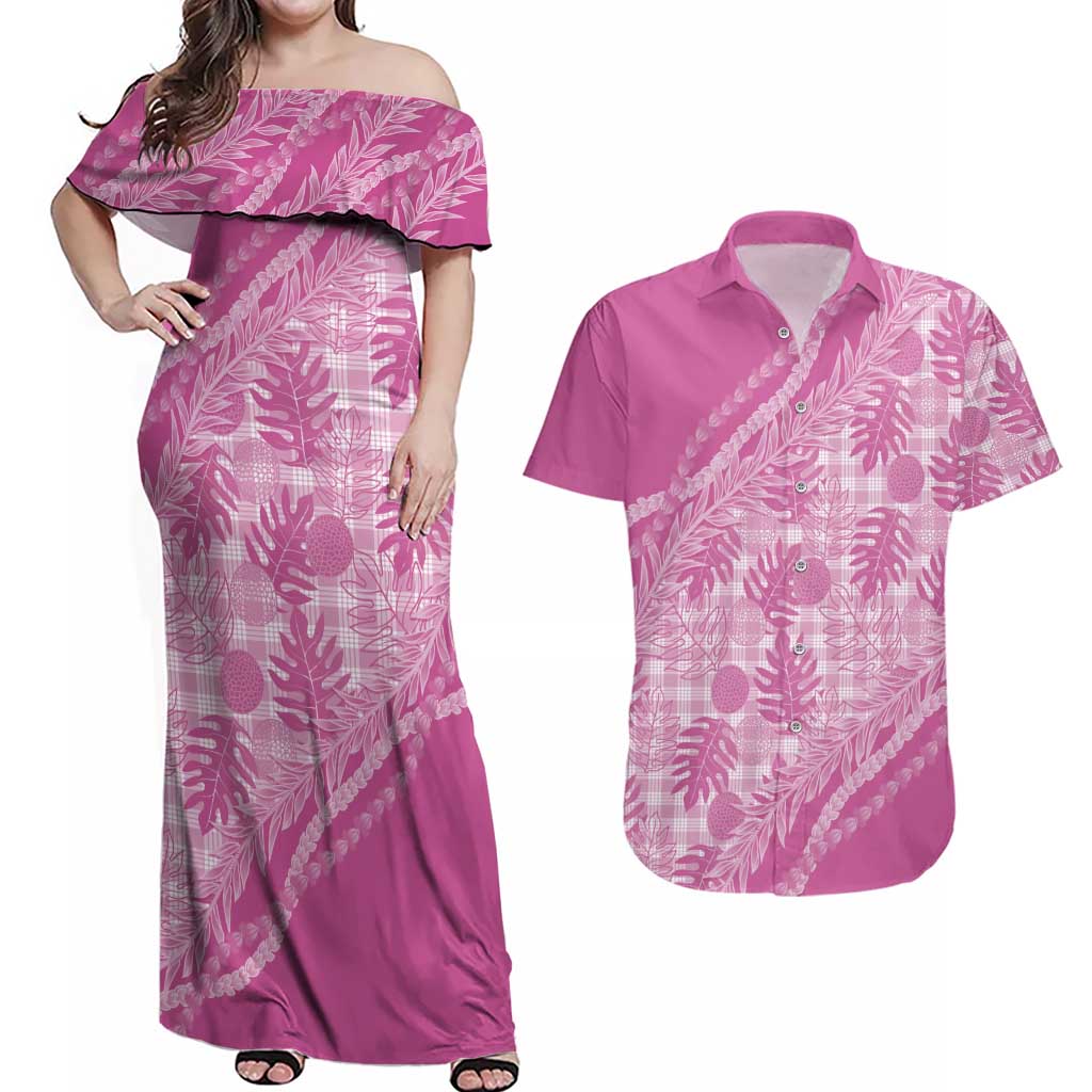Hawaii Breadfruit Palaka Couples Matching Off Shoulder Maxi Dress and Hawaiian Shirt Omaomao Ulaula Maile Lei LT9 Pink - Polynesian Pride