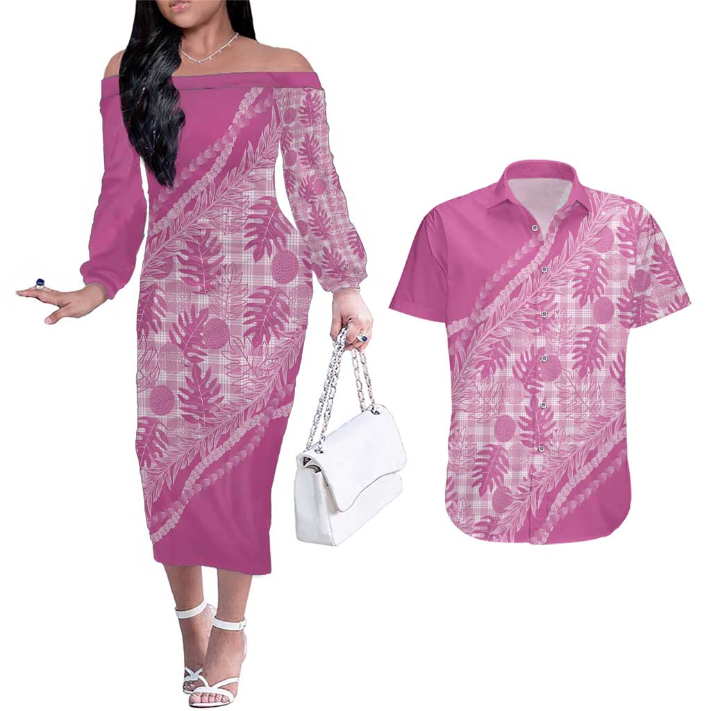 Hawaii Breadfruit Palaka Couples Matching Off The Shoulder Long Sleeve Dress and Hawaiian Shirt Omaomao Ulaula Maile Lei LT9 Pink - Polynesian Pride