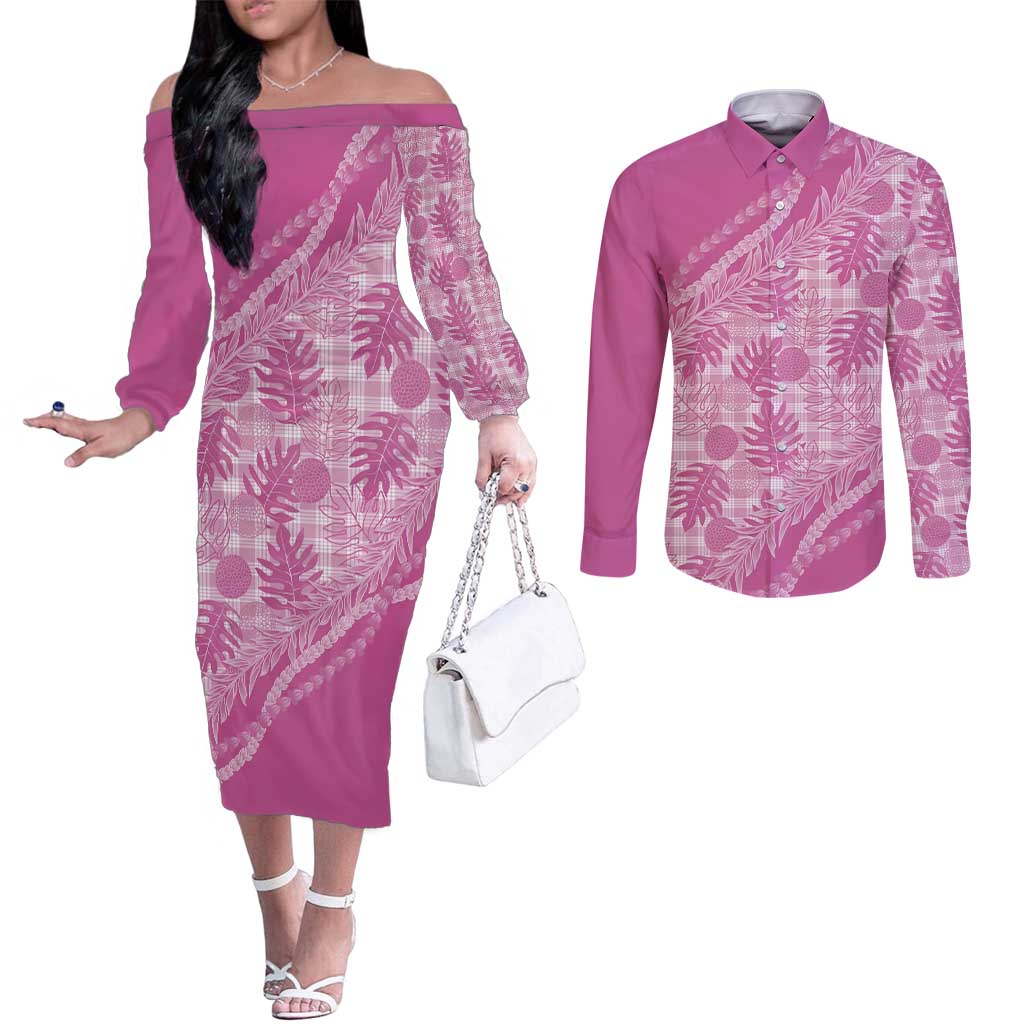Hawaii Breadfruit Palaka Couples Matching Off The Shoulder Long Sleeve Dress and Long Sleeve Button Shirt Omaomao Ulaula Maile Lei LT9 Pink - Polynesian Pride