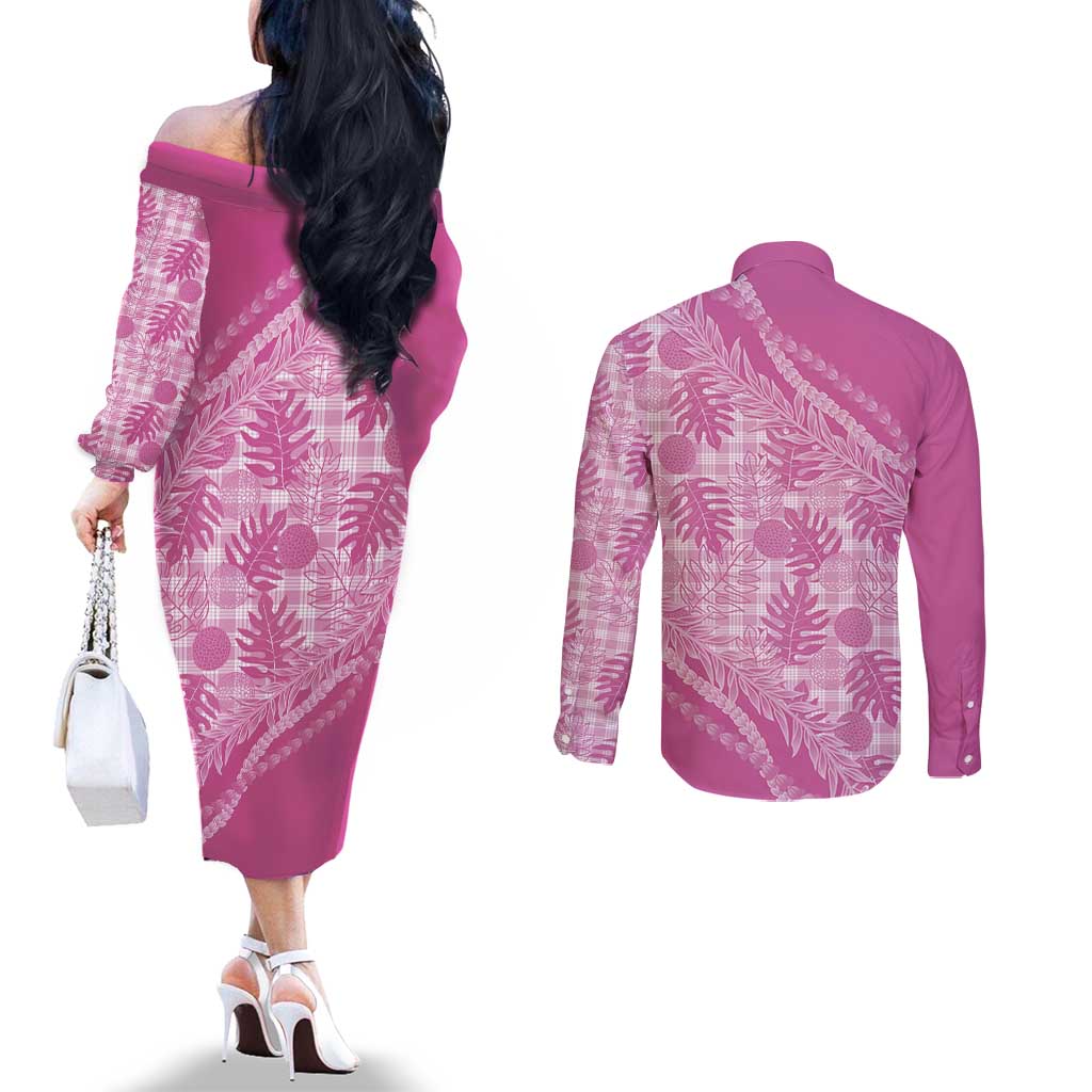 Hawaii Breadfruit Palaka Couples Matching Off The Shoulder Long Sleeve Dress and Long Sleeve Button Shirt Omaomao Ulaula Maile Lei LT9 - Polynesian Pride
