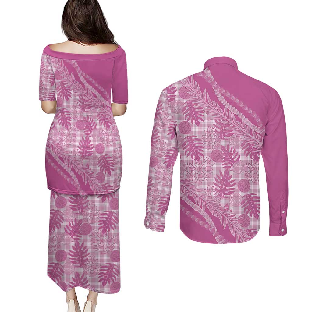 Hawaii Breadfruit Palaka Couples Matching Puletasi and Long Sleeve Button Shirt Omaomao Ulaula Maile Lei - Polynesian Pride