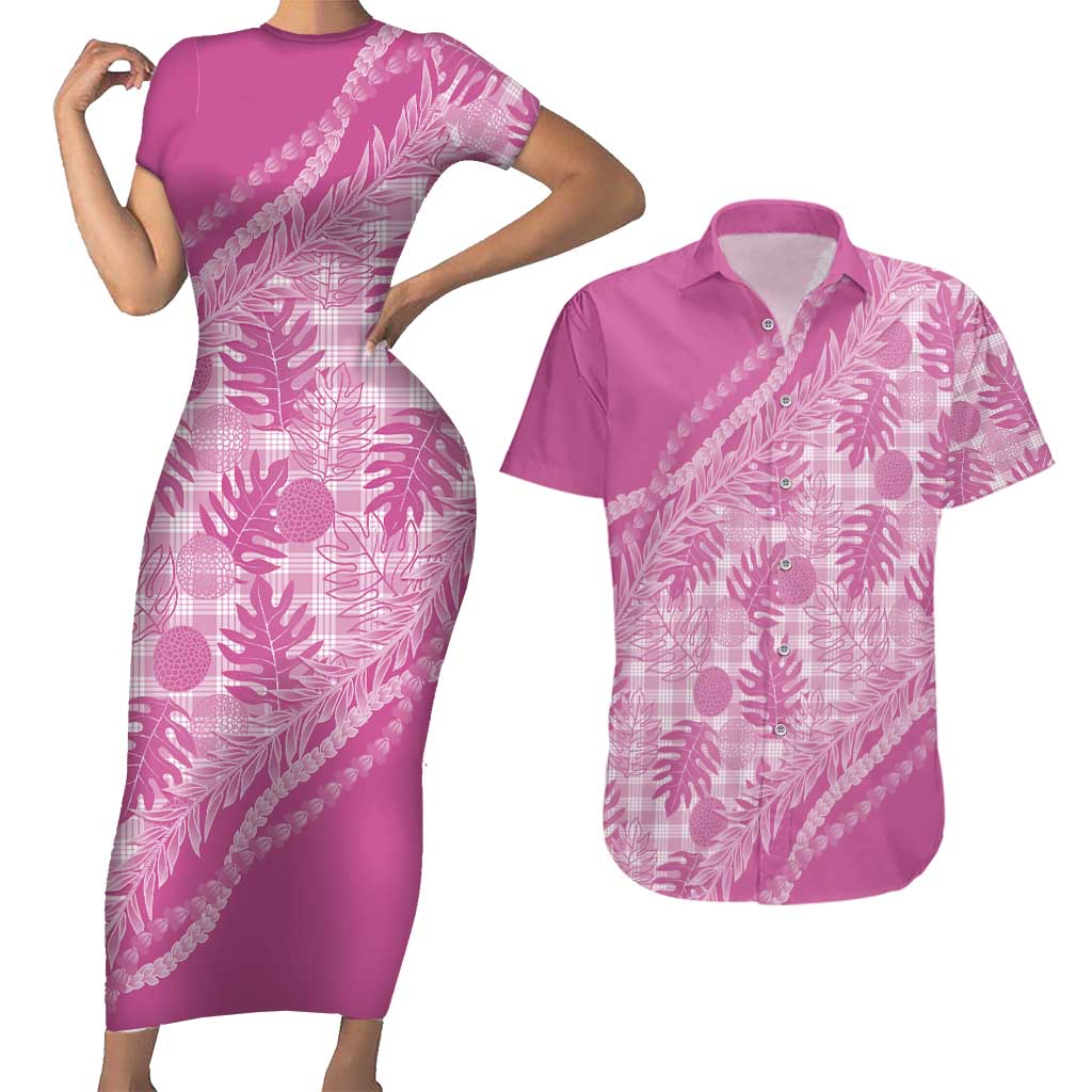Hawaii Breadfruit Palaka Couples Matching Short Sleeve Bodycon Dress and Hawaiian Shirt Omaomao Ulaula Maile Lei LT9 Pink - Polynesian Pride