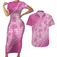 Hawaii Breadfruit Palaka Couples Matching Short Sleeve Bodycon Dress and Hawaiian Shirt Omaomao Ulaula Maile Lei LT9 Pink - Polynesian Pride