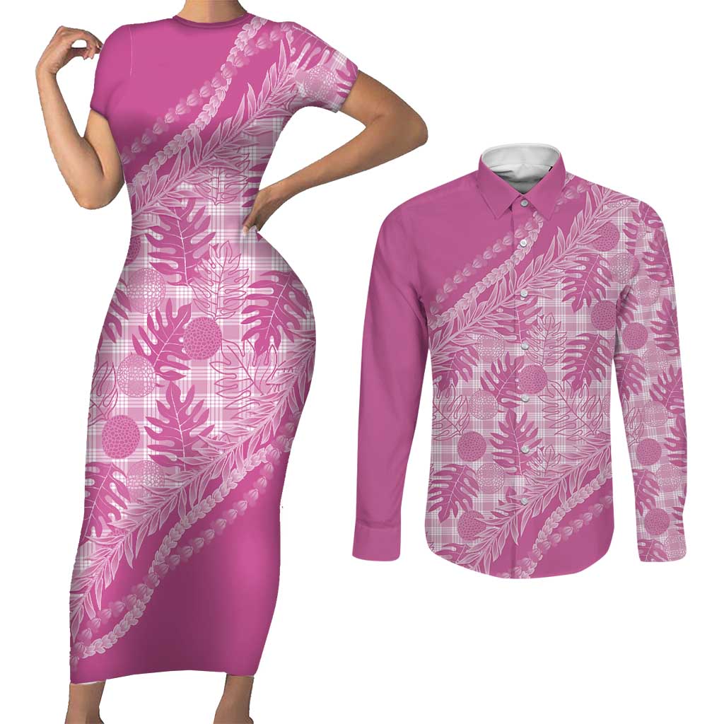 Hawaii Breadfruit Palaka Couples Matching Short Sleeve Bodycon Dress and Long Sleeve Button Shirt Omaomao Ulaula Maile Lei - Polynesian Pride