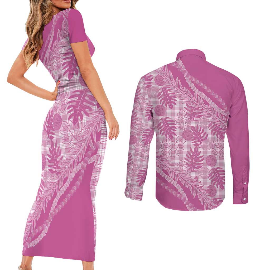 Hawaii Breadfruit Palaka Couples Matching Short Sleeve Bodycon Dress and Long Sleeve Button Shirt Omaomao Ulaula Maile Lei LT9 - Polynesian Pride