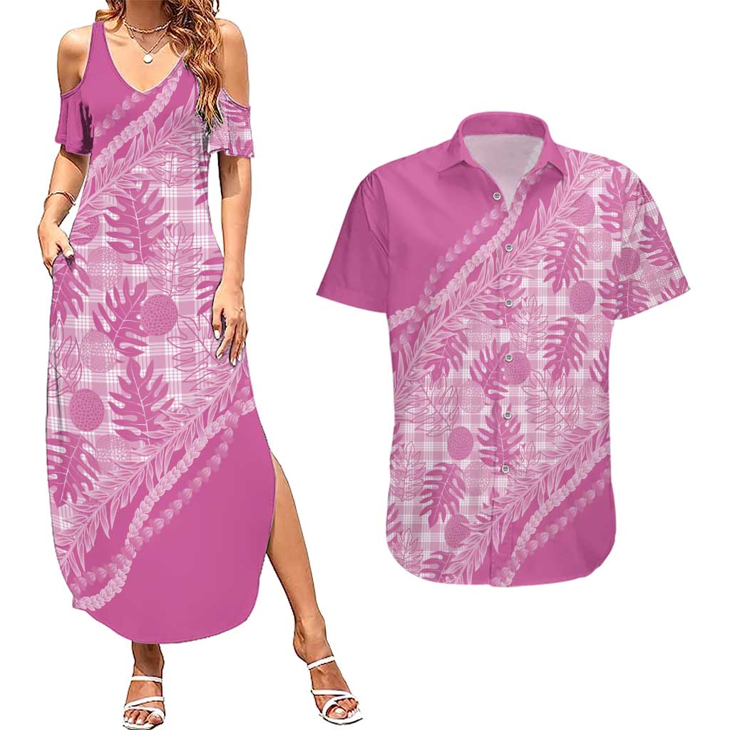 Hawaii Breadfruit Palaka Couples Matching Summer Maxi Dress and Hawaiian Shirt Omaomao Ulaula Maile Lei - Polynesian Pride