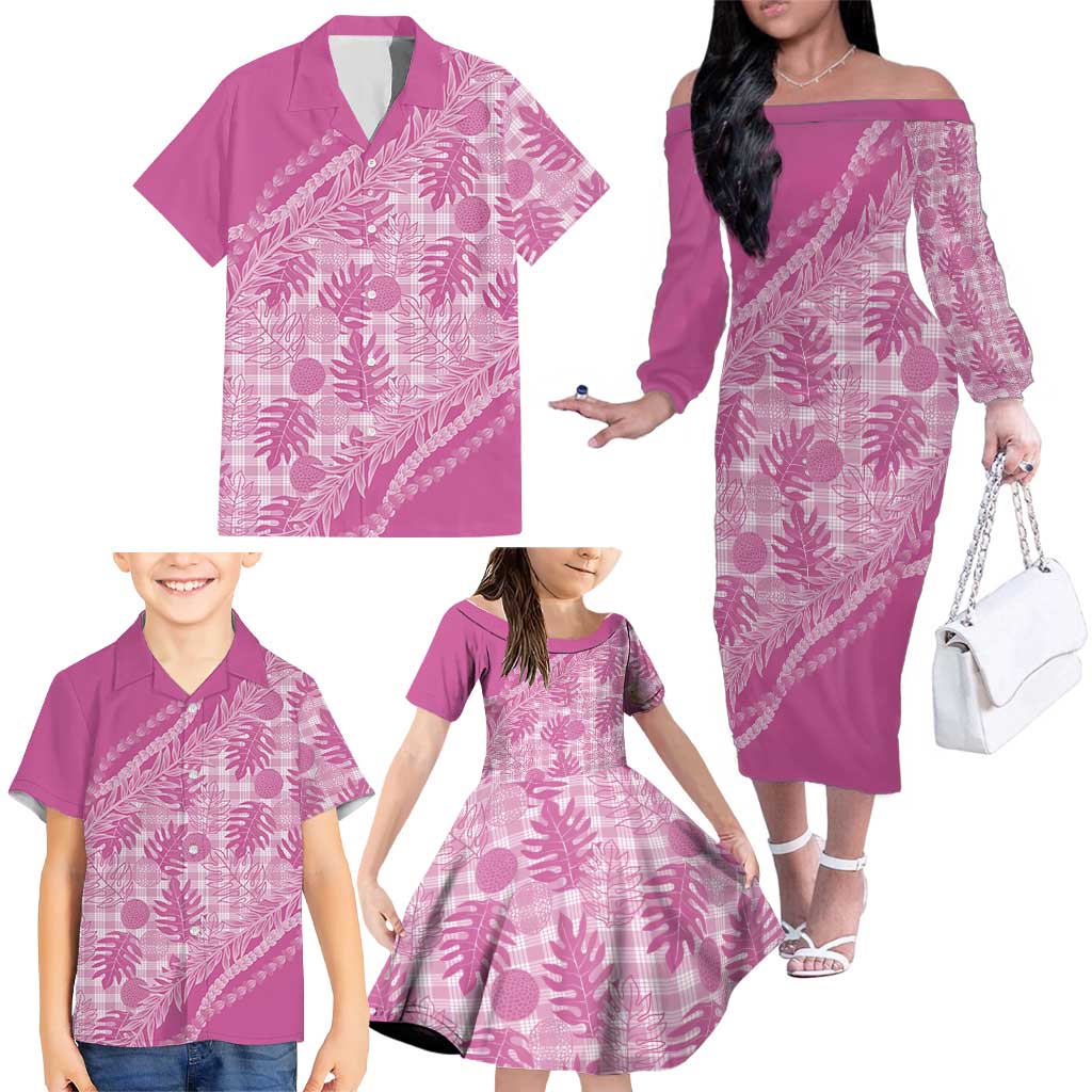 Hawaii Breadfruit Palaka Family Matching Off The Shoulder Long Sleeve Dress and Hawaiian Shirt Omaomao Ulaula Maile Lei LT9 - Polynesian Pride