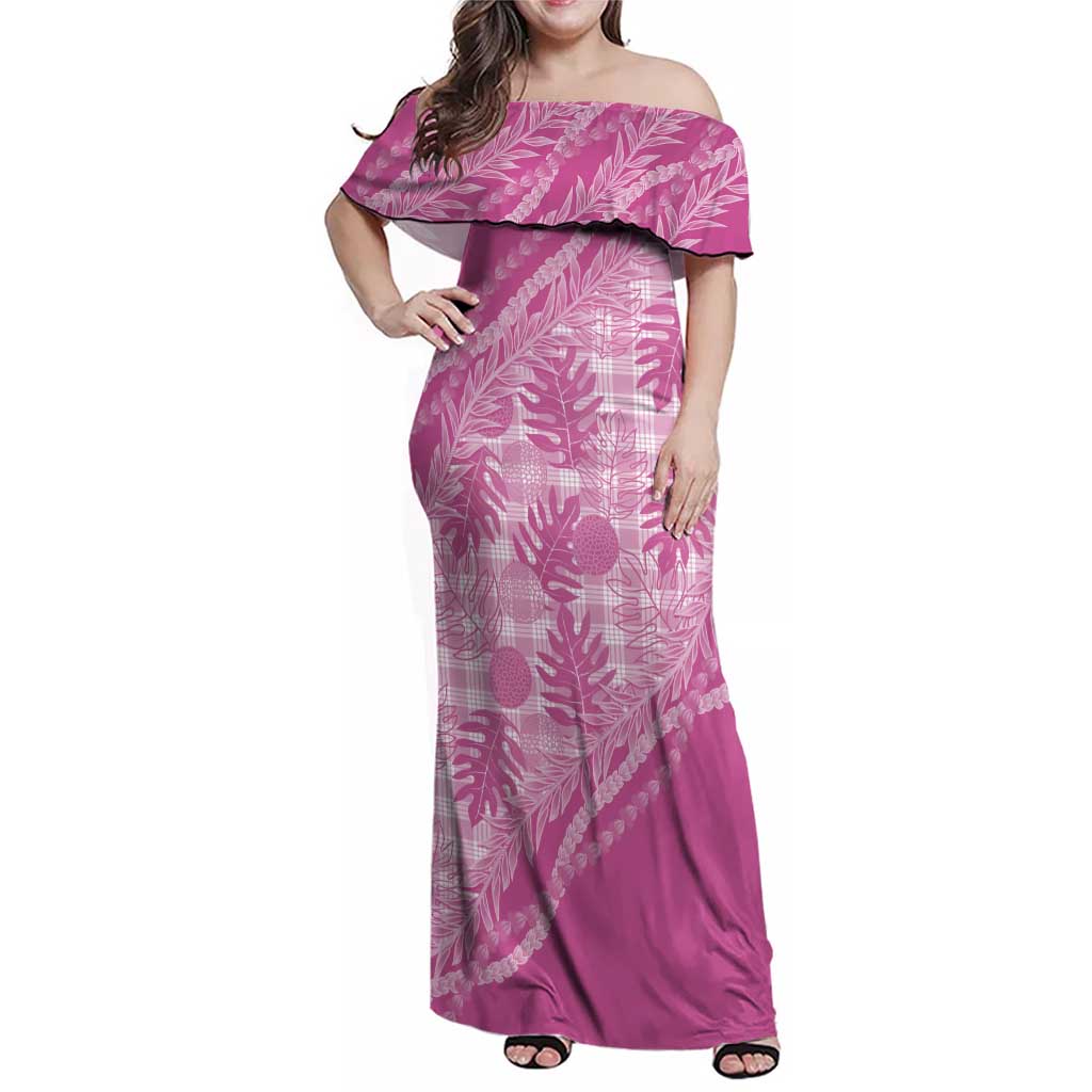 Hawaii Breadfruit Palaka Family Matching Off Shoulder Maxi Dress and Hawaiian Shirt Omaomao Ulaula Maile Lei LT9 Mom's Dress Pink - Polynesian Pride