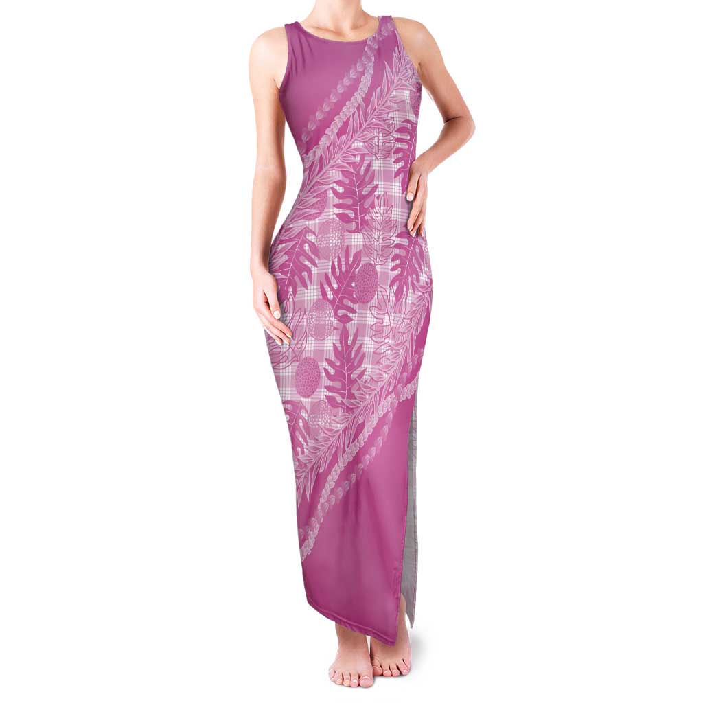 Hawaii Breadfruit Palaka Family Matching Tank Maxi Dress and Hawaiian Shirt Omaomao Ulaula Maile Lei LT9 Mom's Dress Pink - Polynesian Pride