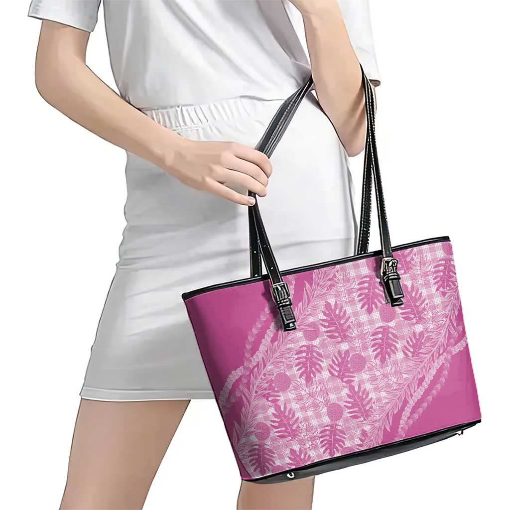 Hawaii Breadfruit Palaka Leather Tote Bag Omaomao Ulaula Maile Lei - Polynesian Pride