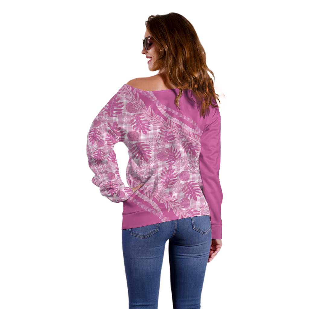 Hawaii Breadfruit Palaka Off Shoulder Sweater Omaomao Ulaula Maile Lei - Polynesian Pride