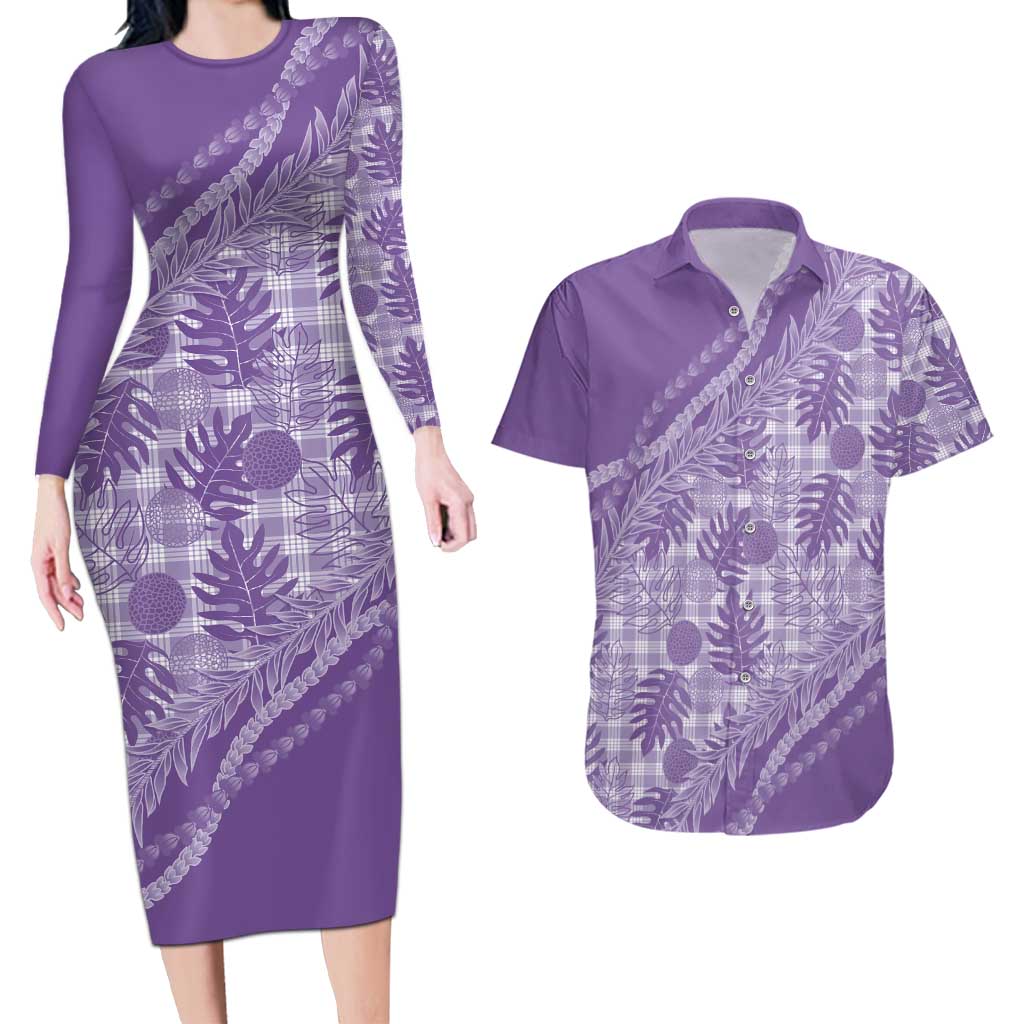 Hawaii Breadfruit Palaka Couples Matching Long Sleeve Bodycon Dress and Hawaiian Shirt Poni Maile Lei LT9 Purple - Polynesian Pride