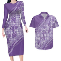 Hawaii Breadfruit Palaka Couples Matching Long Sleeve Bodycon Dress and Hawaiian Shirt Poni Maile Lei LT9 Purple - Polynesian Pride