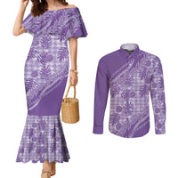 Hawaii Breadfruit Palaka Couples Matching Mermaid Dress and Long Sleeve Button Shirt Poni Maile Lei LT9 Purple - Polynesian Pride