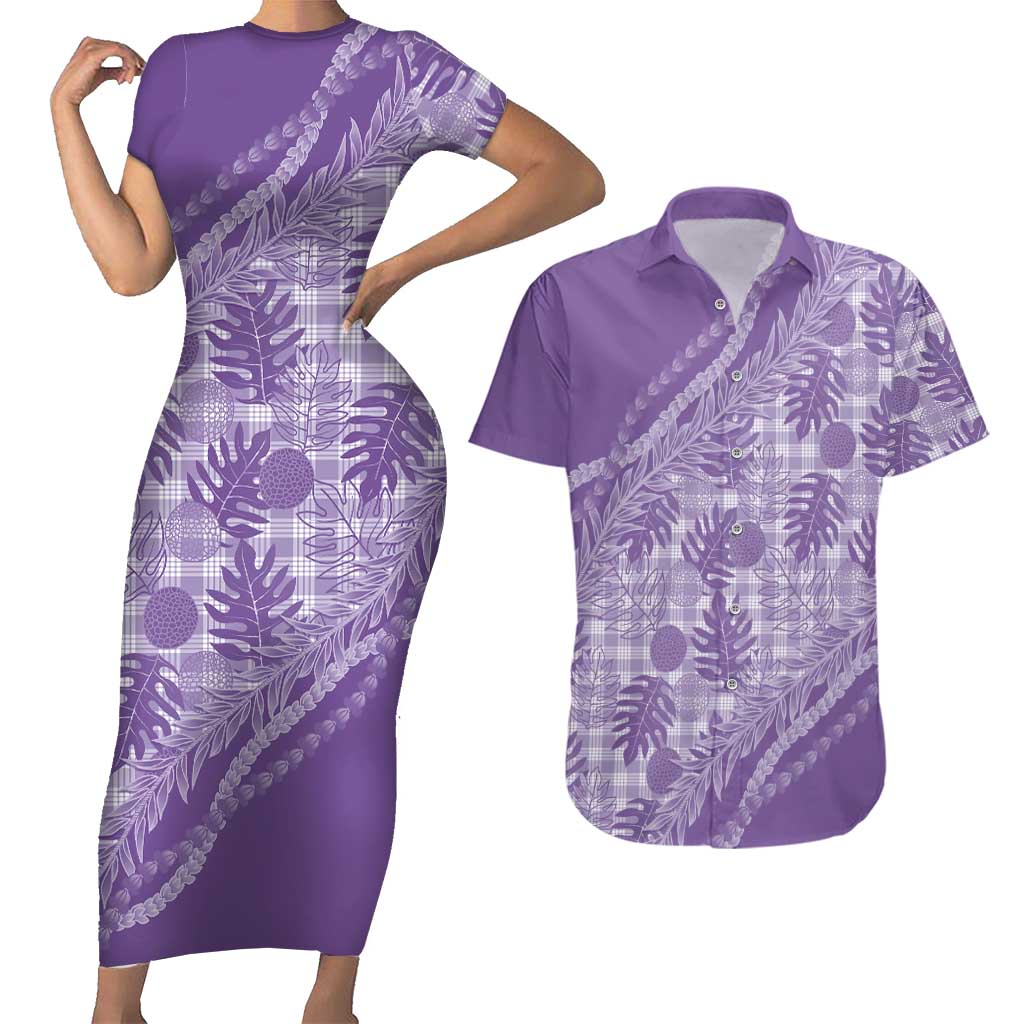 Hawaii Breadfruit Palaka Couples Matching Short Sleeve Bodycon Dress and Hawaiian Shirt Poni Maile Lei LT9 Purple - Polynesian Pride