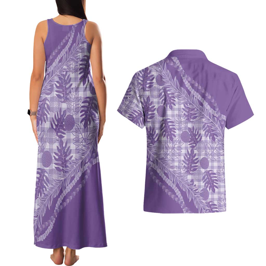 Hawaii Breadfruit Palaka Couples Matching Tank Maxi Dress and Hawaiian Shirt Poni Maile Lei - Polynesian Pride