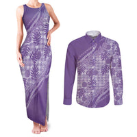 Hawaii Breadfruit Palaka Couples Matching Tank Maxi Dress and Long Sleeve Button Shirt Poni Maile Lei LT9 Purple - Polynesian Pride