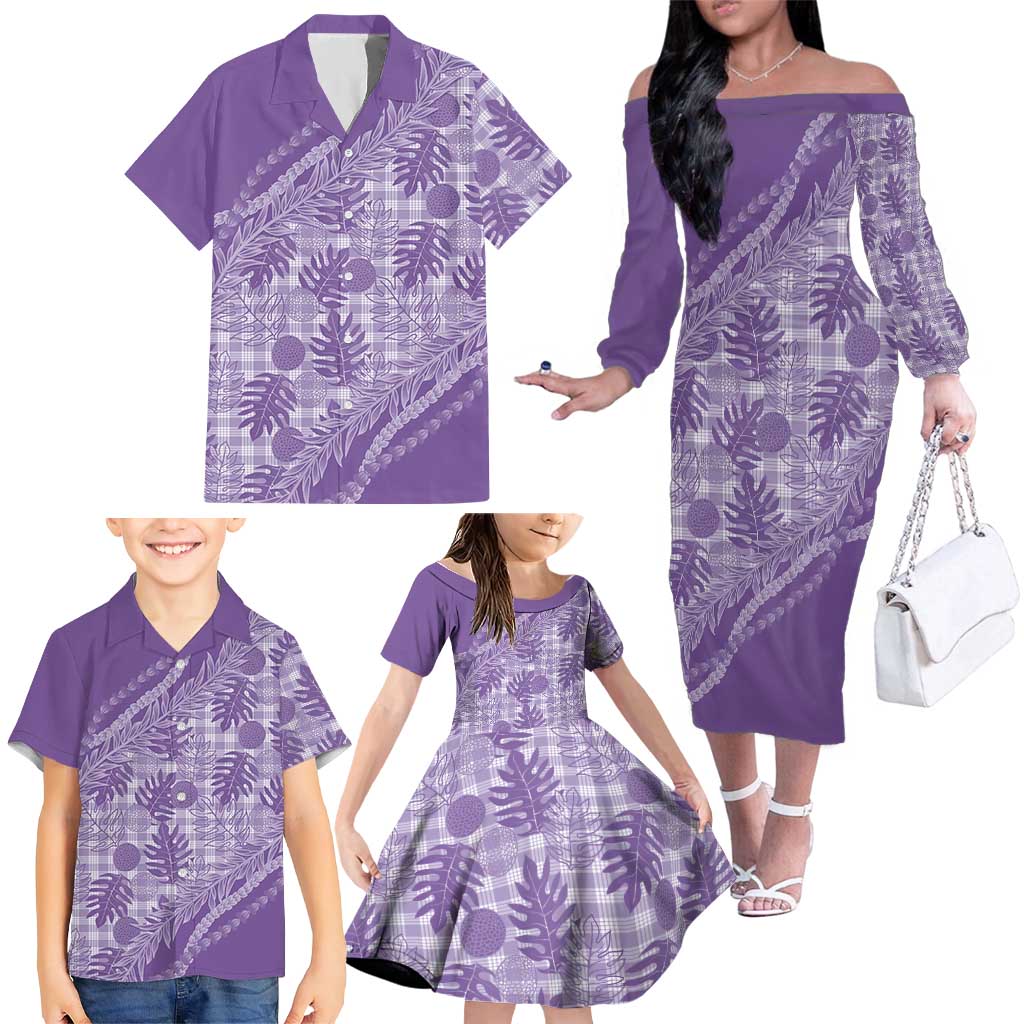 Hawaii Breadfruit Palaka Family Matching Off The Shoulder Long Sleeve Dress and Hawaiian Shirt Poni Maile Lei - Polynesian Pride