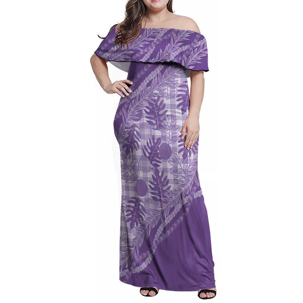 Hawaii Breadfruit Palaka Family Matching Off Shoulder Maxi Dress and Hawaiian Shirt Poni Maile Lei LT9 Mom's Dress Purple - Polynesian Pride