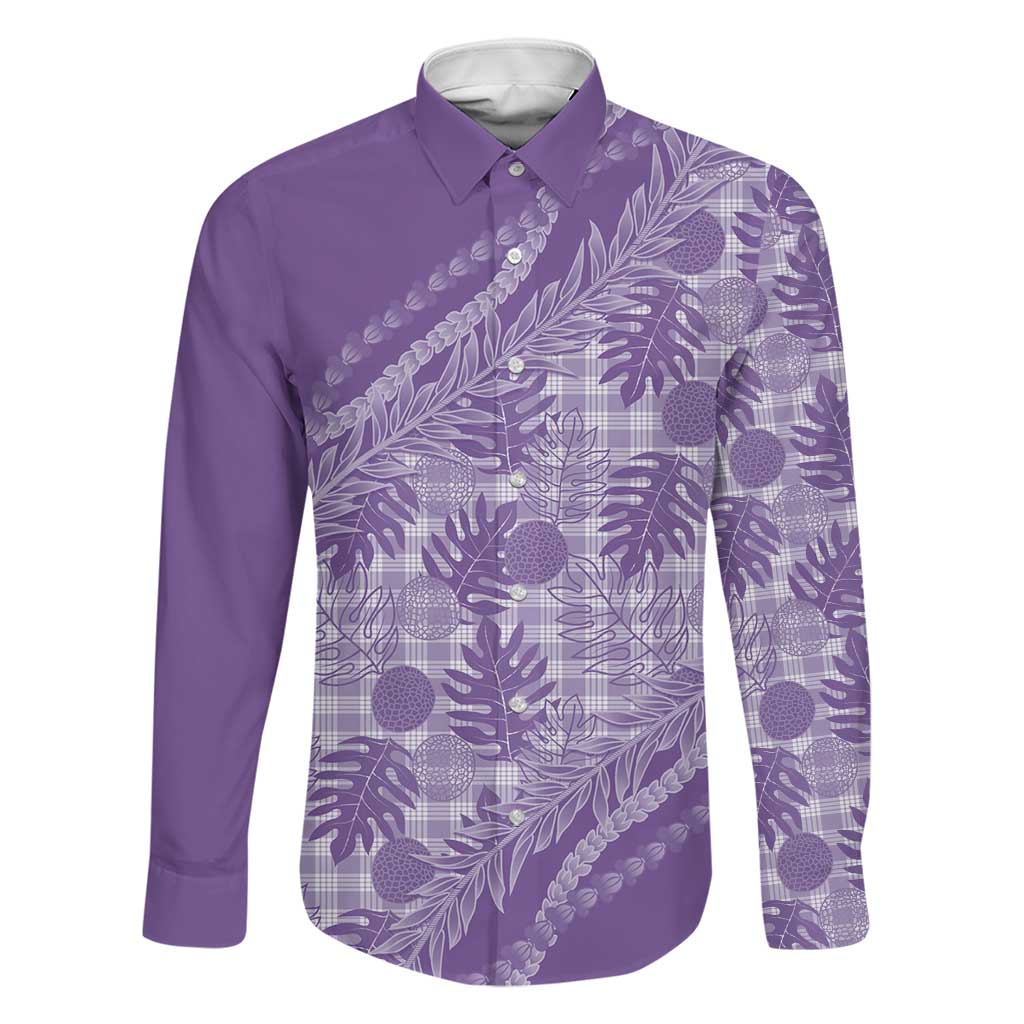 Hawaii Breadfruit Palaka Family Matching Summer Maxi Dress and Hawaiian Shirt Poni Maile Lei LT9 Dad's Shirt - Long Sleeve Purple - Polynesian Pride