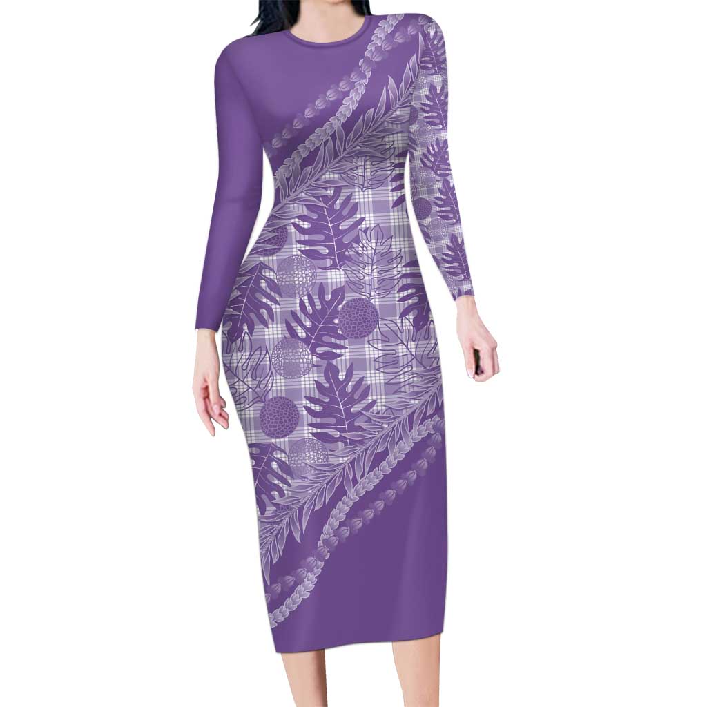 Hawaii Breadfruit Palaka Long Sleeve Bodycon Dress Poni Maile Lei - Polynesian Pride