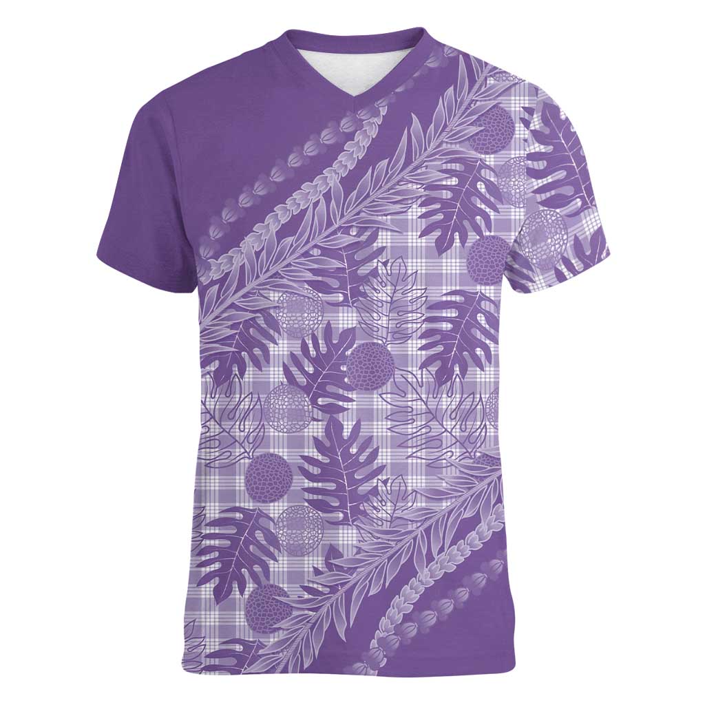 Hawaii Breadfruit Palaka Women V-Neck T-Shirt Poni Maile Lei - Polynesian Pride