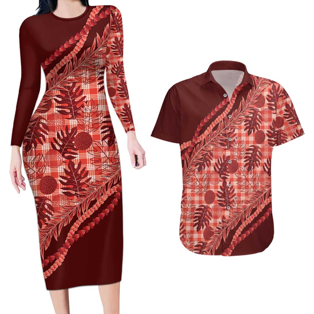 Hawaii Breadfruit Palaka Couples Matching Long Sleeve Bodycon Dress and Hawaiian Shirt Ulaula Maile Lei LT9 Red - Polynesian Pride