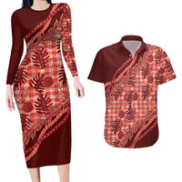 Hawaii Breadfruit Palaka Couples Matching Long Sleeve Bodycon Dress and Hawaiian Shirt Ulaula Maile Lei LT9 Red - Polynesian Pride