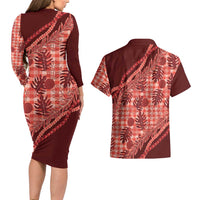 Hawaii Breadfruit Palaka Couples Matching Long Sleeve Bodycon Dress and Hawaiian Shirt Ulaula Maile Lei LT9 - Polynesian Pride