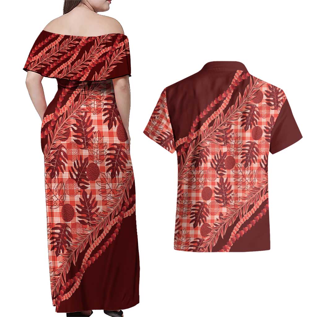 Hawaii Breadfruit Palaka Couples Matching Off Shoulder Maxi Dress and Hawaiian Shirt Ulaula Maile Lei - Polynesian Pride