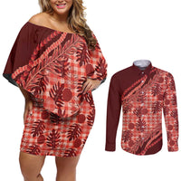 Hawaii Breadfruit Palaka Couples Matching Off Shoulder Short Dress and Long Sleeve Button Shirt Ulaula Maile Lei - Polynesian Pride
