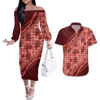 Hawaii Breadfruit Palaka Couples Matching Off The Shoulder Long Sleeve Dress and Hawaiian Shirt Ulaula Maile Lei LT9 Red - Polynesian Pride