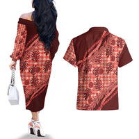 Hawaii Breadfruit Palaka Couples Matching Off The Shoulder Long Sleeve Dress and Hawaiian Shirt Ulaula Maile Lei LT9 - Polynesian Pride