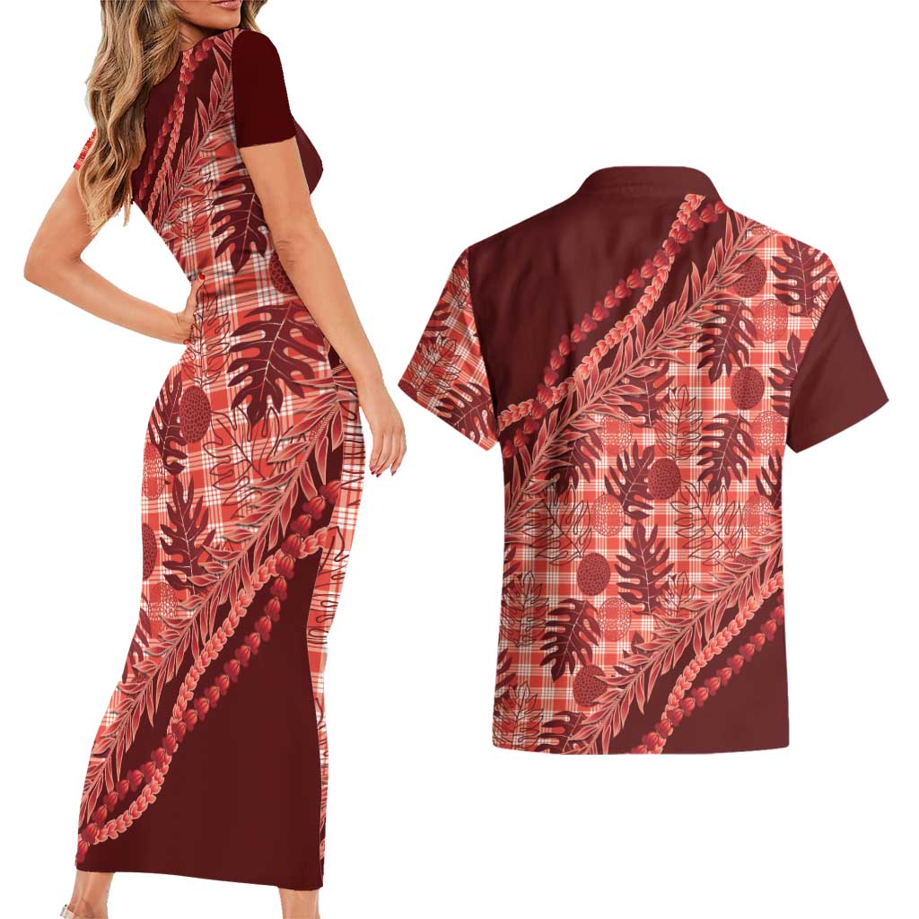 Hawaii Breadfruit Palaka Couples Matching Short Sleeve Bodycon Dress and Hawaiian Shirt Ulaula Maile Lei - Polynesian Pride