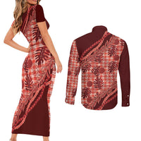 Hawaii Breadfruit Palaka Couples Matching Short Sleeve Bodycon Dress and Long Sleeve Button Shirt Ulaula Maile Lei - Polynesian Pride