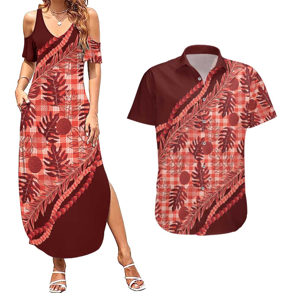 Hawaii Breadfruit Palaka Couples Matching Summer Maxi Dress and Hawaiian Shirt Ulaula Maile Lei - Polynesian Pride