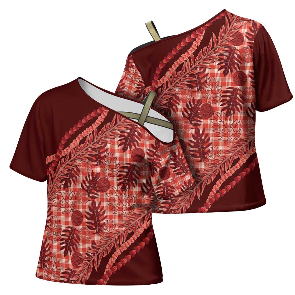Hawaii Breadfruit Palaka Cross Shoulder Shirt Ulaula Maile Lei - Polynesian Pride