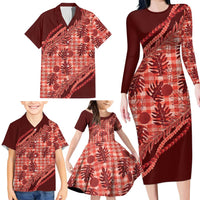 Hawaii Breadfruit Palaka Family Matching Long Sleeve Bodycon Dress and Hawaiian Shirt Ulaula Maile Lei LT9 - Polynesian Pride