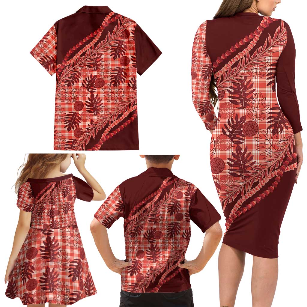 Hawaii Breadfruit Palaka Family Matching Long Sleeve Bodycon Dress and Hawaiian Shirt Ulaula Maile Lei LT9 - Polynesian Pride