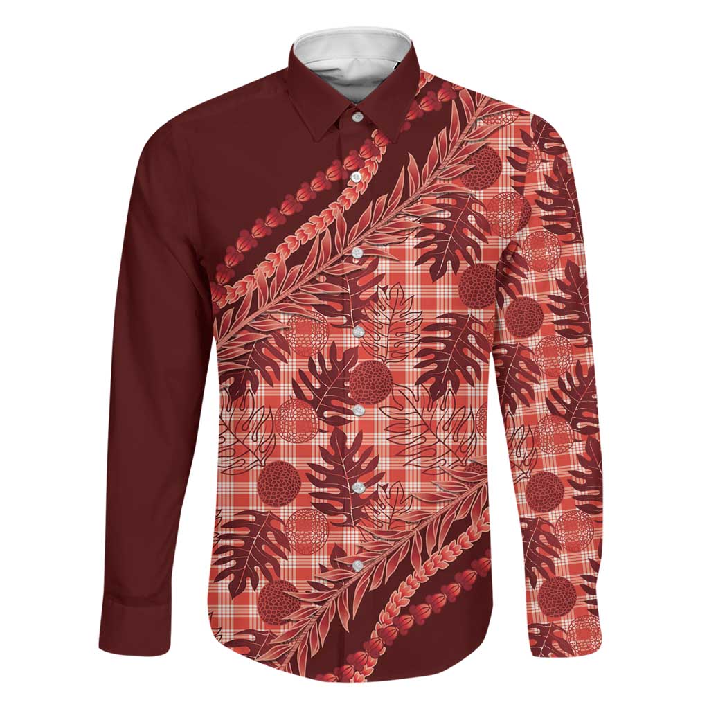 Hawaii Breadfruit Palaka Family Matching Long Sleeve Bodycon Dress and Hawaiian Shirt Ulaula Maile Lei LT9 Dad's Shirt - Long Sleeve Red - Polynesian Pride
