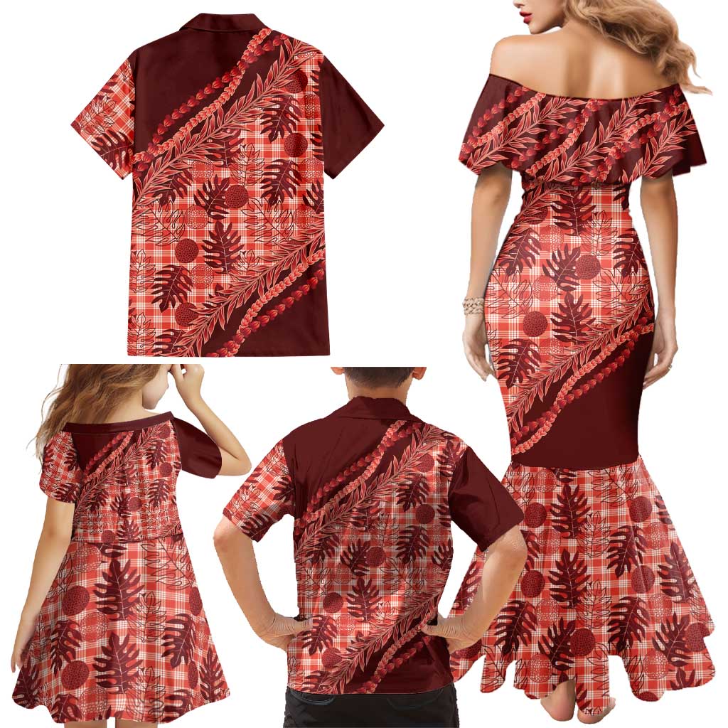 Hawaii Breadfruit Palaka Family Matching Mermaid Dress and Hawaiian Shirt Ulaula Maile Lei LT9 - Polynesian Pride