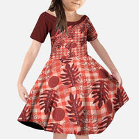 Hawaii Breadfruit Palaka Family Matching Off The Shoulder Long Sleeve Dress and Hawaiian Shirt Ulaula Maile Lei LT9 Daughter's Dress Red - Polynesian Pride
