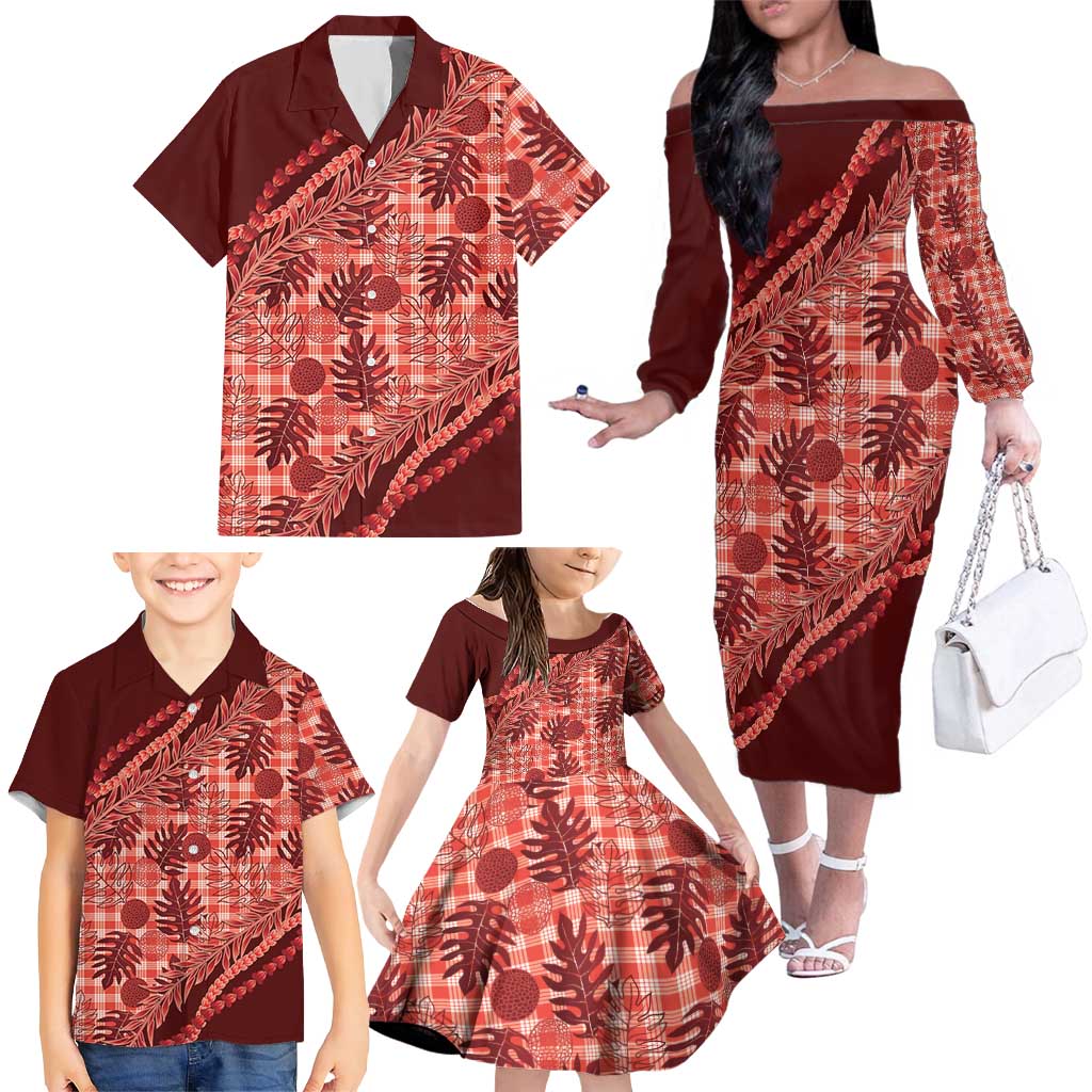 Hawaii Breadfruit Palaka Family Matching Off The Shoulder Long Sleeve Dress and Hawaiian Shirt Ulaula Maile Lei - Polynesian Pride
