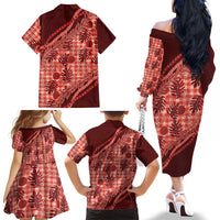 Hawaii Breadfruit Palaka Family Matching Off The Shoulder Long Sleeve Dress and Hawaiian Shirt Ulaula Maile Lei LT9 - Polynesian Pride