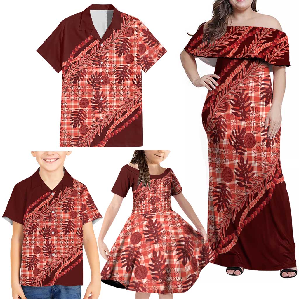 Hawaii Breadfruit Palaka Family Matching Off Shoulder Maxi Dress and Hawaiian Shirt Ulaula Maile Lei LT9 - Polynesian Pride